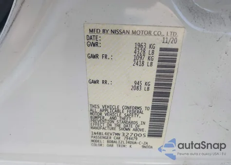 2021 Nissan Altima Sl Fwd from USA, damaged, VIN 1N4BL4EV7MN327005